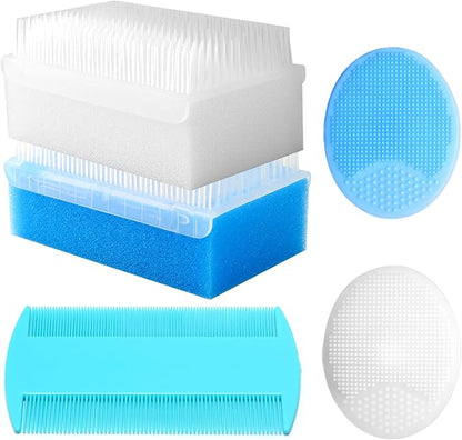 Cradle Cap Brush for Babies, Baby Bath Essentials with Silicone Scrubber Bath Sponge Dual-Sided Comb for Newborns Toddlers Boys Girls (Blue,Set of 5)