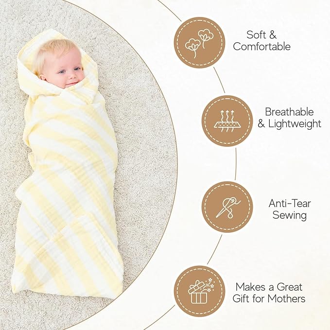 Muslin Baby Bath Towel Set, 2 Large Gauze Super Soft Baby Bath Towel and 3 Washcloths, 6 Layers Muslin Cotton Infant Blanket Suitable for Baby's Delicate Skin (Amsicotion)