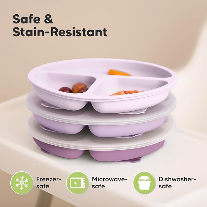 KeaBabies Suction Plates with Lids for Baby - 3-Pack 100% Silicone Suction Plates for Baby, Kids,Toddler Plates,Divided Baby Plates with Suction,Lids, BPA-Free, Microwave, Dishwasher Safe (Amethyst)
