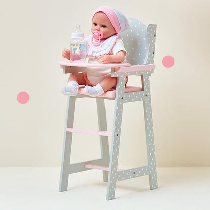 Olivia's Little World Doll High Chair for Baby Dolls, Wooden Doll Play Furniture with Pastel Polka Dot Princess Print & Fabric Seat for 16" to 18" Dolls