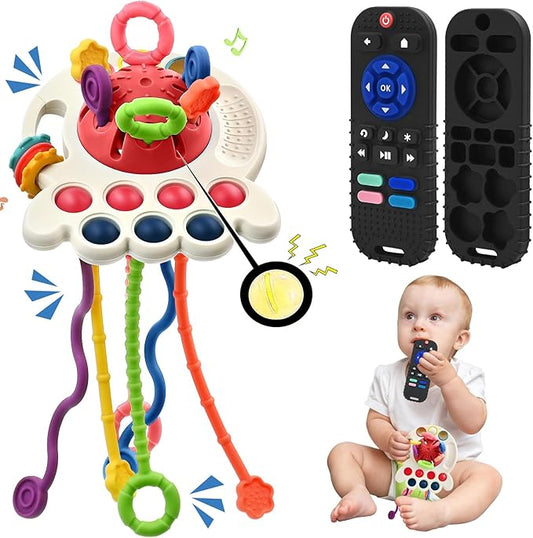 AiTuiTui Sensory Montessori Baby Teething Toys, Silicone Remote Control Teether Toddler Travel Toys for 3 6 9 12 Months