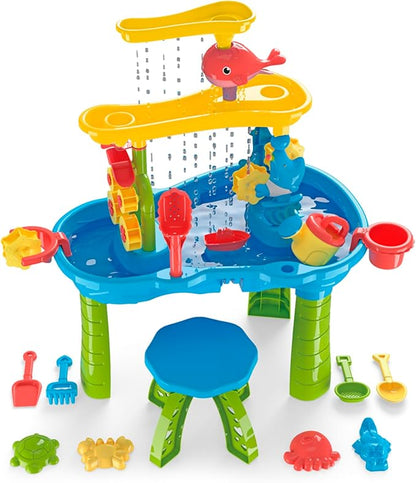 Toddler Sensory Sand and Water 3 Tier Table with Chair | Indoor & Outdoor Water and Sand Summer Beach Toys and Play Table for Kids