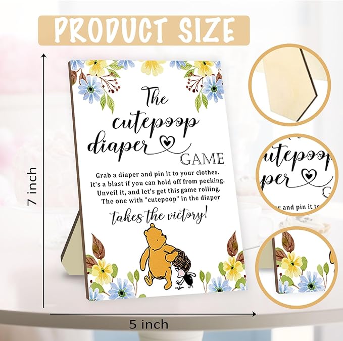 Azbuk Winnie Baby Shower Games Set - Wooden Baby Shower Sign with 50 Pcs Mini Felt Diapers Brown, Winnie The Cutepoop Diaper Baby Shower Game