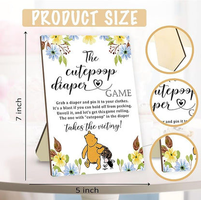 Azbuk Winnie Baby Shower Games Set - Wooden Baby Shower Sign with 50 Pcs Mini Felt Diapers Brown, Winnie The Cutepoop Diaper Baby Shower Game