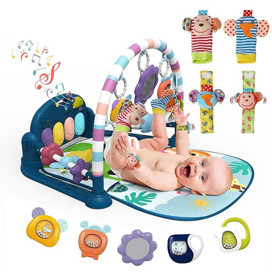 dearlomum Baby Play Mat Baby Gym,Funny Play Piano Tummy Time Baby Activity Mat with 5 Infant Sensory Baby Toys & 4 Wrist Baby Rattle Socks 0 to 3 6 9 12
