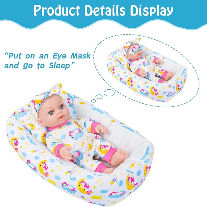 12 Inch Baby Doll With Soft Crib Bassinet Bed,Sleep Time 3+ Kids