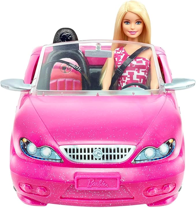 Barbie Playset with Sparkly Pink 2-Seater Toy Convertible Car Featuring Glam Details & Fashion Doll in Sundress & Sunglasses (Amazon Exclusive)
