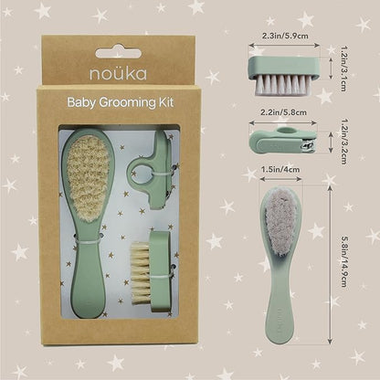 nouka Baby Care Kit Set | Ultra-Soft Natural Bristle Hair Brush, Nail Clippers & Nail Brush | Wood with Silicone Sleeve | Bloom