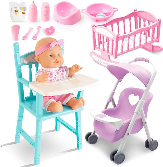 deAO Baby Doll Set Play Set includes Miniature Crib,Mobile High Chair Stroller 12PCS Baby 3+ Years