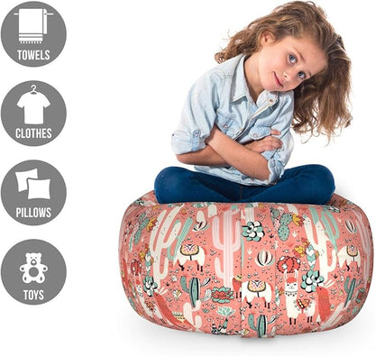 Lunarable Cactus Storage Toy Bag Chair, Cartoon Illustration of Arizona Mexico Desert with Succulent Plants and Llama Alpaca, Stuffed Animal Organizer Washable Bag, Small Size, Coral Pink