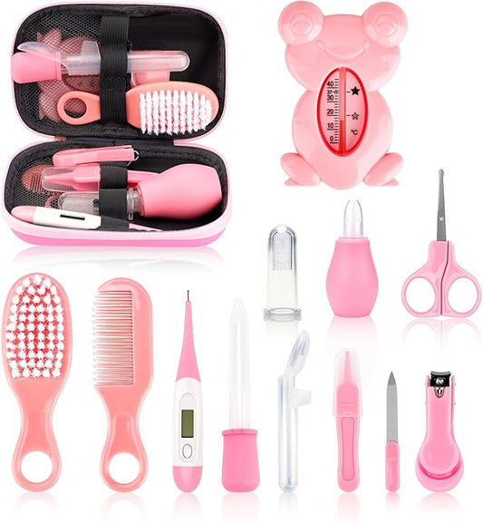 Baby Grooming and Healthcare Kit, Infant Safety Care Set with Hair Brush Comb Nail Clipper Nasal Aspirator,Baby Essentials Kit for Newborn Girls Boys (13 in 1, Pink)