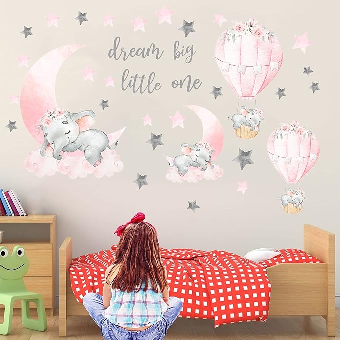 Dream Big Little One Elephant Wall Stickers, Pink Moon Hot