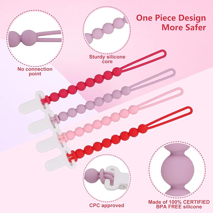 4-Pack Silicone Pacifier Clips with One-Piece Beads for Baby Boys