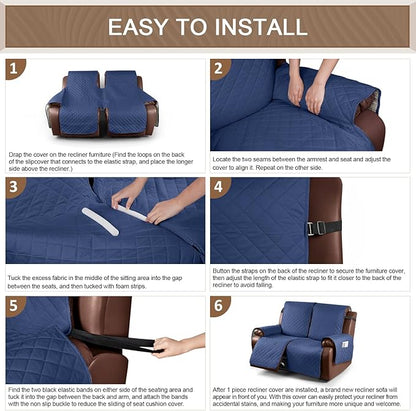 KinCam Waterproof Loveseat Recliner Cover, Non-Slip Reclining Couch Covers for 2 Seat, Recliner Sofa Cover Furniture Protector with Elastic Straps for Kids, Pets, Blue