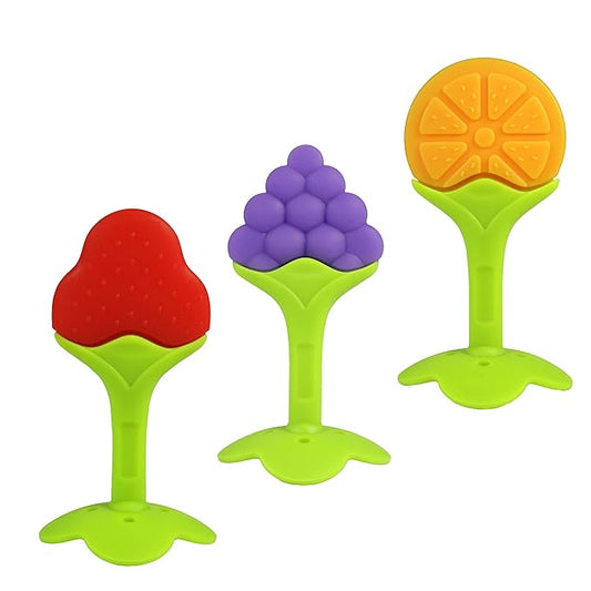 RaZbaby Infant & Baby Massager & Teether Toy 3-Pack, Fruit-Shaped Multi-Texture Teethers Soothe Sore Gums 3M+