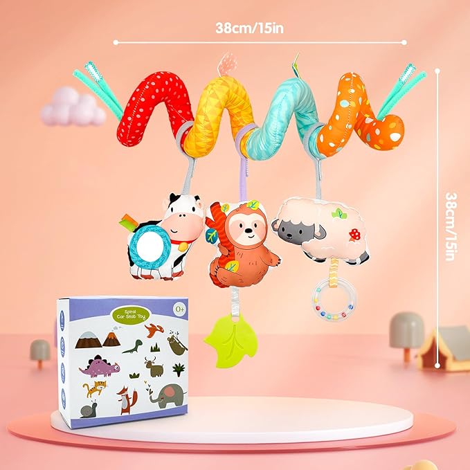 XIXILAND Car Seat Toys for Babies 0-6 Months Boy Girl Carseat Toys Hanging Spiral Stroller Toys, Infant Toys Baby Toys 0-6 Months Newborn Toys 0 3 Months Brain Development with Mirror Teether Rattle