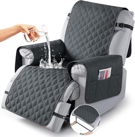 TAOCOCO 100% Waterproof Recliner Covers, Recliner Sofa Covers with Leg Straps, Reversible Recliner Couch Cover for Reclining Chair, Washable Couch Protector for Pets Kids(1 Seater 22", Dark Gray)