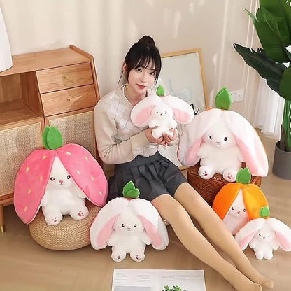 MIAODAM Cuddly Bunny Stuffed Animal, Kawaii Squishy Cute Easter Bunny Plush Turn Into Rabbit Fruit Doll Carrot Strawberry Pillow 10inch)