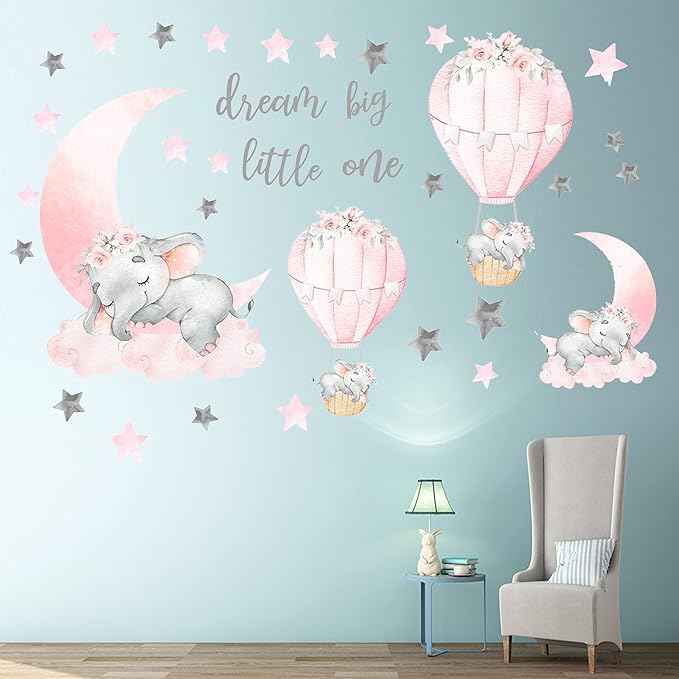 Dream Big Little One Elephant Wall Stickers, Pink Moon Hot