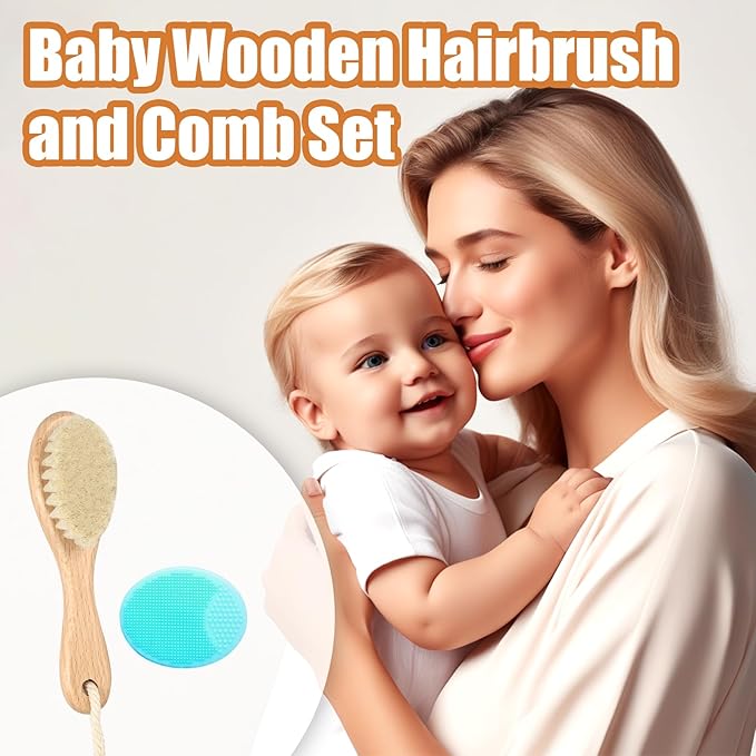 Wooden Soft Goat Bristles Brush with Baby Silicone Hair Scrubber Cradle Cap Brush for Newborns, Toddlers, Infant, Baby Hair Care Kit (Green)
