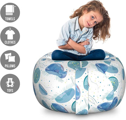 Lunarable Nautical Storage Toy Bag Chair, Jellyfish Pattern with Spotted Background Ocean Creatures Ornamental Sea Life, Stuffed Animal Organizer Washable Bag, Large Size, Pale Blue