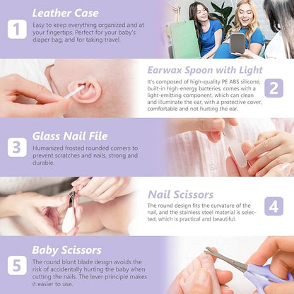 Baby Grooming Kit, 15 in 1 Portable Baby Safety Care Kit with Baby Brush and Comb Set Nail Clippers Nasal Aspirator etc for Nursery Newborn Infant Girl Boys Keep Clean Baby Essentials (Purple)