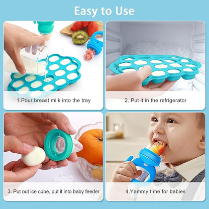 Silicone Baby Food Teether Feeder with Breastmilk Popsicle Molds Combo, BPA Free Baby Fruit Food Feeder Pacifier 4m+, 3