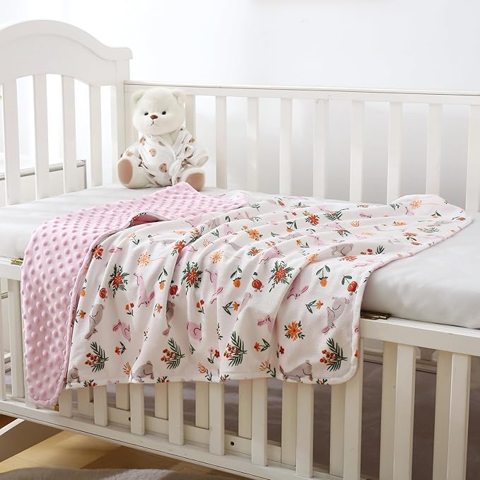 DaysU Silky Micro Soft Plush Baby Blankets for Girls with Print Rabbit Pattern and Soothing Raised Dots, Double Layer Bed Throws for Baby Crib 30x40 Inches