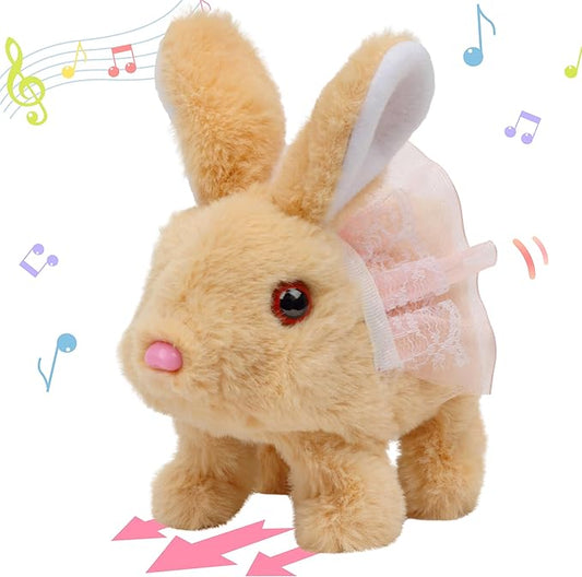 Hopearl Hopping Rabbit with Dress Interactive Electronic Pet Plush Bunny Toy with Sounds and Movements Animated Walking Wiggle Ears Twitch Nose Gifts for Toddlers Birthday, Brown 7''