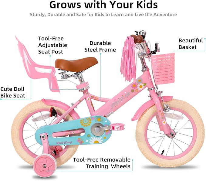 JOYSTAR Little Daisy Kids Bike for Girls Boys Ages 2-7 Years, 12 14 16 Inch Girls Bikes with Doll Bike Seat & Streamers