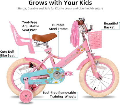 JOYSTAR Little Daisy Kids Bike for Girls Boys Ages 2-7 Years, 12 14 16 Inch Girls Bikes with Doll Bike Seat & Streamers