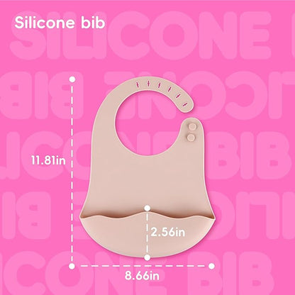 Silicone Baby Feeding Set,8 Pack Baby Weaning Sets Baby Led Weaning Supplies & Utensils Suction Plate and Bowl, Baby Cup with Straw, Bib, Feeder Spoons for 6+ Months (Pink)