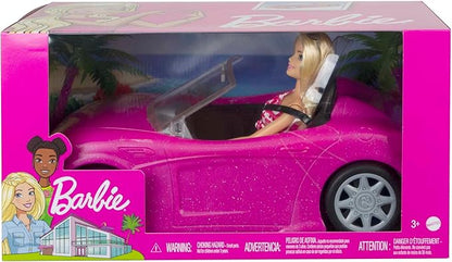 Barbie Playset with Sparkly Pink 2-Seater Toy Convertible Car Featuring Glam Details & Fashion Doll in Sundress & Sunglasses (Amazon Exclusive)
