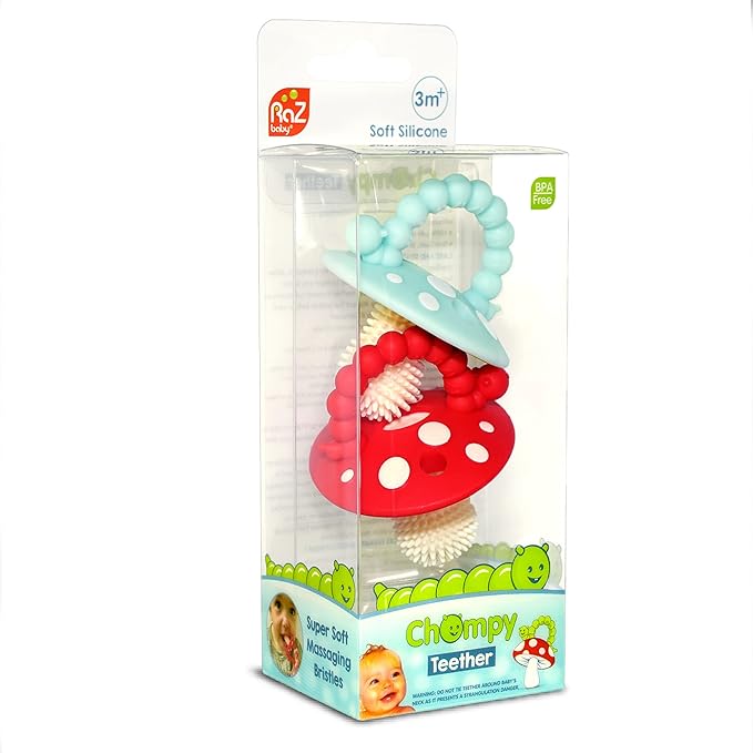 RaZbaby Chompy Teether for Infant & Baby 3M+ Teether Toy with Massaging Bristles for Teething Relief Pacifier - Soothes Sore Gums