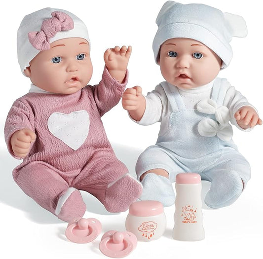 12'' Twins Baby Doll Playset with Accessories Includes Boy and Girl Dolls, 2 Powder Bottles 2 Pacifiers, 3+