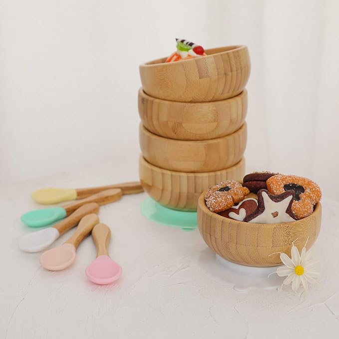 Baby Bowls and Spoons, Baby Bamboo Bowl and Spoon | Silicone Suction | Bamboo Baby Bowls for Baby | Baby Bowls First Stage | Baby Wood Bowls (Cyan-Blue)