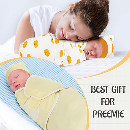 Buryeah 4 Pack Preemie Swaddle Blanket Wrap Set with Hat for Baby Boys Girls 3-7 Lbs Preemie Newborn Clothes Sleepers Cap