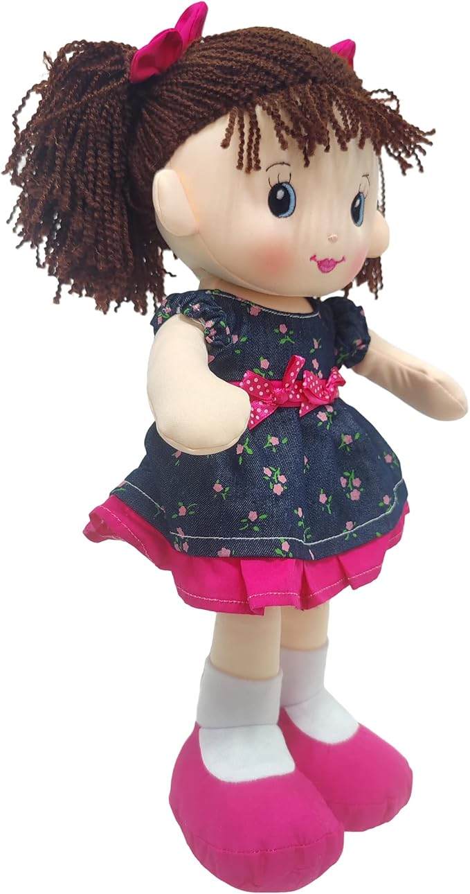 Linzy Plush 16" Libby Soft Plush Rag Doll with Navy Blue Dress and Printed Magenta Roses, Rag Doll for Girls (93864-2),L-93864-2