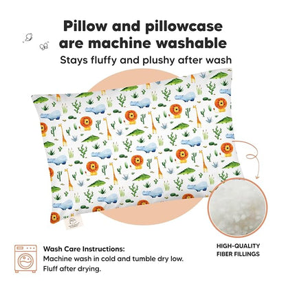 Toddler Pillow with Pillowcase - 13x18 My Little Dreamy Pillow, Organic Cotton Toddler Pillows for Sleeping, Kids Pillow, Travel Pillows, Mini Pillow, Nursery Pillow, Toddler Bed Pillow (Zoo)