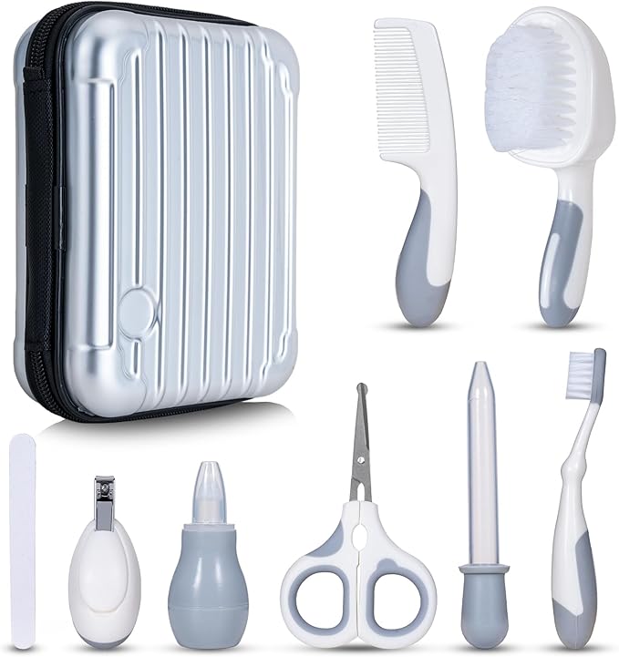 Little Angel Baby Healthcare and Grooming Kit, Safety Newborn Nursery Care Set, with Hair Brush Comb, Nail Clipper, Nasal Aspirator for Newborn Infant Baby Girls Boys (Gray)