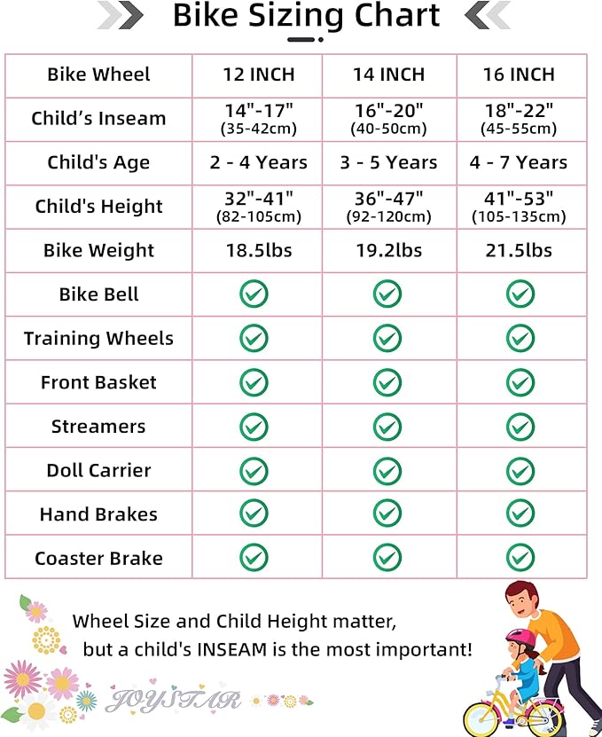 JOYSTAR Little Daisy Kids Bike for Girls Boys Ages 2-7 Years, 12 14 16 Inch Girls Bikes with Doll Bike Seat & Streamers