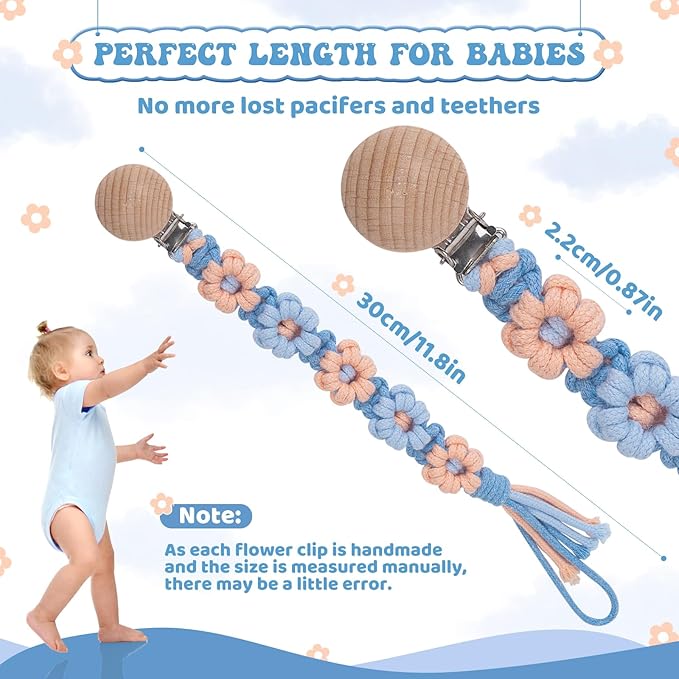 Pacifier Clip for Boys Girls Floral Daisy Macrame Baby Paci (1pack:Blue Daisy