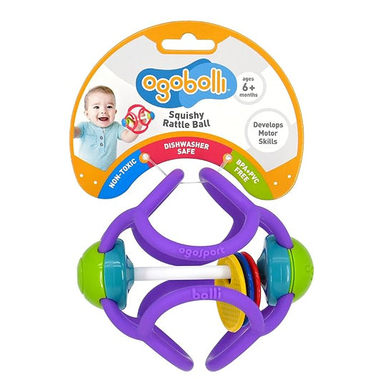 OgoBolli Teether Ring Tactile Sensory Ball and Baby Rattle Toy for Babies & Toddlers - Stretchy, Squishy 6+ Months