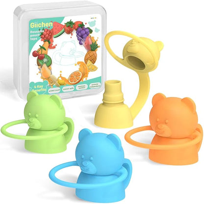 Soft Sip Food Pouch Topper - BPA Free Silicone Food Pouch Tops for Baby Prevent Spills, Food Grade Toddler Pouch Lids Protects Childs Mouth, 4 Pack Bundle (Blue, Green, Yellow, Orange)