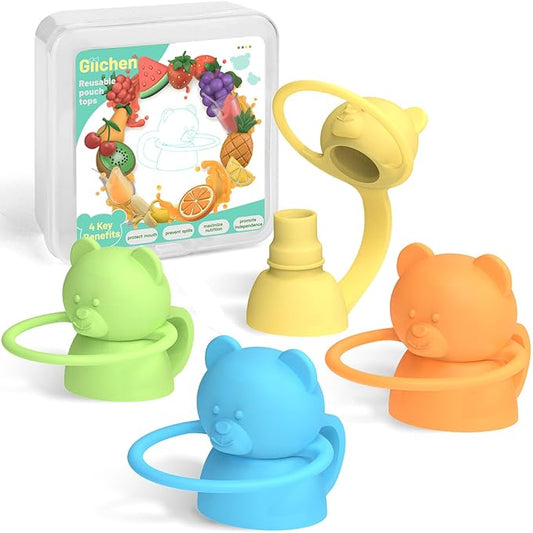 Soft Sip Food Pouch Topper - BPA Free Silicone Food Pouch Tops for Baby Prevent Spills, Food Grade Toddler Pouch Lids Protects Childs Mouth, 4 Pack Bundle (Blue, Green, Yellow, Orange)