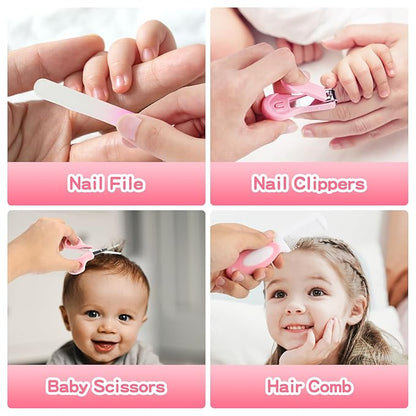 Baby Healthcare and Grooming Kit, 21 in 1 Portable Baby Essentials Kit with Gas Relief Hair Brush Comb Nasal Aspirator for Newborn Boys Girls (Pink)