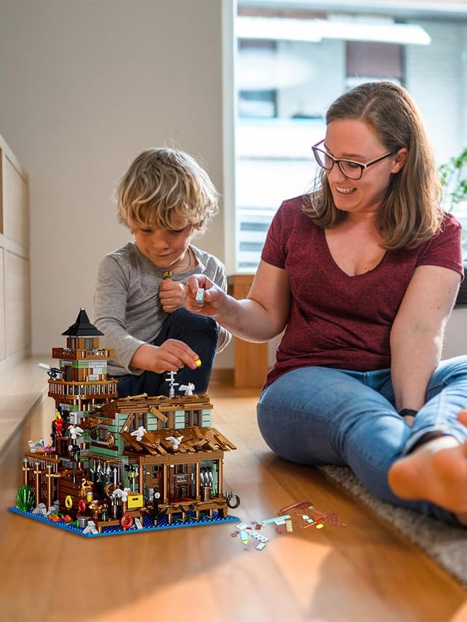 Fishing Village Store House Building Set, 1881 PCS Wood Cabin Mini Building Block Kit 8-14+ Teens