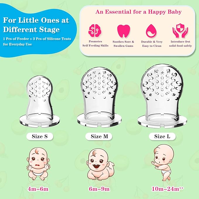 Baby Solids/Frozen Fruit Feeder Pacifier, Infant Teether Toy 4M+, BPA-Free Silicone Pouch & Nipple, Safely Introduce Solids, Teething Relief, 2-Pack (Piglet - Green Pink, S/M/L)