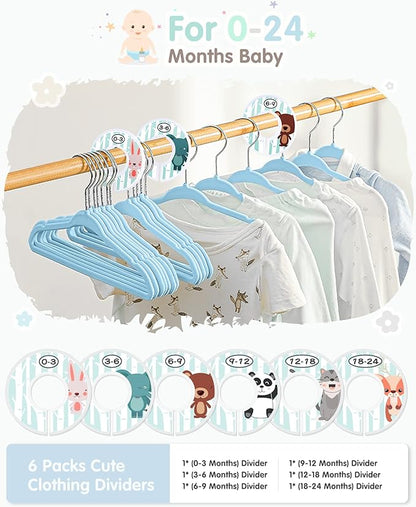 Baby Hangers, VIS'V 11 Inch Blue Velvet Kids Hangers with 6 Pcs Size Dividers Non Slip Nursery Children Closet Clothes Hangers for Infant Toddler Girls and Boys 50 Pcs