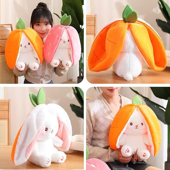 MIAODAM 13.7 inch Easter Bunny Stuffed Animal, Kawaii Squishy Cute Easter Bunny Plush Turn Into Rabbit Fruit Doll Carrot Strawberry Pillow